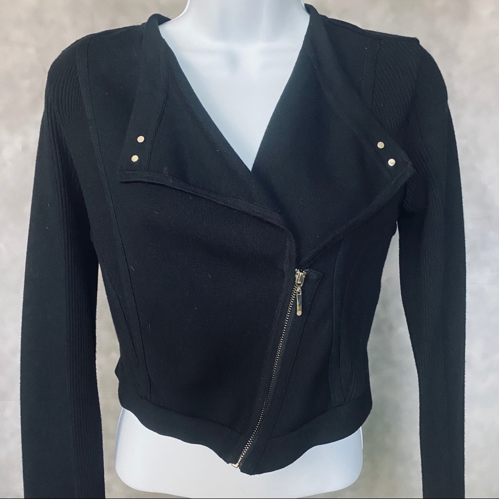 WHBM Black crop Cardigan sweater corset detail